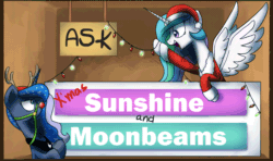 Size: 820x487 | Tagged: safe, artist:anticular, derpibooru import, princess celestia, princess luna, alicorn, pony, reindeer, animated, antlers, ask sunshine and moonbeams, banner, christmas, christmas lights, duo, duo female, fake antlers, female, hat, mare, open mouth, santa hat, spread wings, tumblr