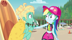 Size: 1280x720 | Tagged: safe, derpibooru import, screencap, rainbow dash, zephyr breeze, better together, blue crushed, equestria girls, belly button, geode of super speed, gladys, magical geodes, midriff, surfboard