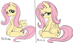 Size: 700x418 | Tagged: safe, artist:nekubi, fluttershy, pegasus, pony, comparison, looking at you, pixiv, sitting, smiling, solo