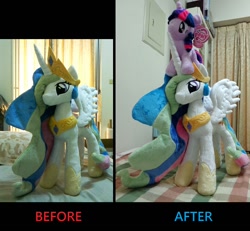 Size: 900x833 | Tagged: safe, artist:whitedove-creations, princess celestia, twilight sparkle, 4de, irl, photo, plushie, pony hat, toy