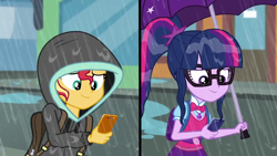 Size: 1280x720 | Tagged: safe, screencap, sci-twi, sunset shimmer, twilight sparkle, eqg summertime shorts, equestria girls, monday blues, backpack, cellphone, clothes, geode of telekinesis, hoodie, magical geodes, phone, rain, smartphone, umbrella