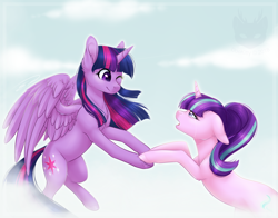 Size: 2180x1707 | Tagged: safe, artist:doekitty, starlight glimmer, twilight sparkle, twilight sparkle (alicorn), alicorn, pony, unicorn, the cutie re-mark, cloud, crying, duo, eye contact, female, floppy ears, holding hooves, looking at each other, mare, one eye closed, open mouth, sky, smiling, wink