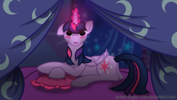 Size: 1191x670 | Tagged: dead source, safe, artist:sweet-sugar-cube, derpibooru import, twilight sparkle, twilight sparkle (alicorn), alicorn, pony, blushing, curtains, female, magic, mare, pillow, solo