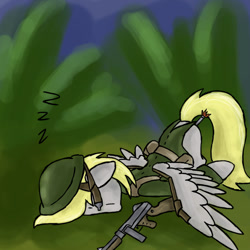 Size: 600x600 | Tagged: safe, artist:slamjam, derpy hooves, pegasus, pony, female, gun, mare, prone, sleeping, soldier, solo, tommy gun, tranquilizer, tranquilizer dart, weapon