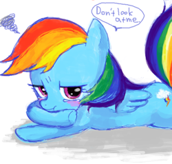 Size: 600x570 | Tagged: safe, artist:weiliy, derpibooru import, rainbow dash, pegasus, pony, blushing, crying, cute, dashabetes, female, mare, pixiv, prone, sad, sadorable, shy, solo