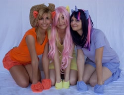 Size: 3473x2682 | Tagged: safe, applejack, fluttershy, twilight sparkle, human, appletwishy, cosplay, irl, irl human, photo