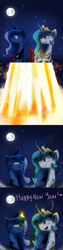 Size: 1200x4800 | Tagged: safe, artist:anticular, derpibooru import, princess celestia, princess luna, alicorn, pony, angry, ask sunshine and moonbeams, comic, dirty, duo, duo female, female, fireworks, full moon, happy new year, mare, moon, new year, night, peytral, smoke, tumblr