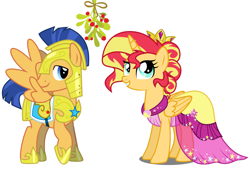 Size: 1880x1272 | Tagged: safe, edit, flash sentry, sunset shimmer, alicorn, alicornified, alternate hairstyle, armor, christmas, clothes, dress, female, flashimmer, holiday, male, mistleholly, mistletoe, race swap, royal guard armor, shimmercorn, shipping, straight, vector