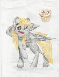 Size: 1175x1527 | Tagged: safe, artist:dragolina01, derpy hooves, pegasus, pony, female, mare, muffin, smiling, solo, spread wings, traditional art