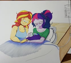 Size: 1280x1135 | Tagged: safe, artist:missmayaleanne, sci-twi, sunset shimmer, twilight sparkle, oc, oc:sparkling sapphire, series:sciset diary, equestria girls, bed, crying, female, gift art, holding hands, hospital bed, hospital gown, lesbian, looking at each other, magical lesbian spawn, offspring, parent:sci-twi, parent:sunset shimmer, parent:twilight sparkle, parents:scitwishimmer, parents:sunsetsparkle, ring, scitwishimmer, shipping, sunsetsparkle, tears of joy, tired, traditional art, wedding ring