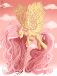 Size: 768x1024 | Tagged: safe, artist:saoiirse, fluttershy, pegasus, pony, flying, long mane, long tail, painting, solo