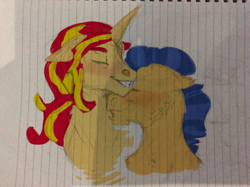 Size: 2592x1936 | Tagged: safe, artist:stevonnieishere, flash sentry, sunset shimmer, female, flashimmer, lined paper, male, shipping, straight, traditional art