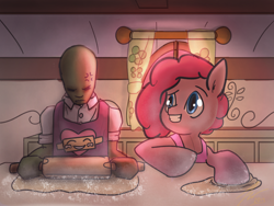 Size: 1600x1200 | Tagged: safe, artist:firgof, pinkie pie, oc, oc:anon, human, baking, batter, rolling pin, sugarcube corner