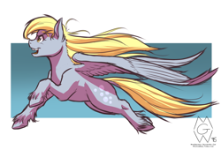 Size: 2000x1360 | Tagged: safe, artist:mykegreywolf, derpy hooves, pegasus, pony, female, flying, mare, solo, unshorn fetlocks