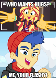 Size: 600x835 | Tagged: safe, flash sentry, sunset shimmer, better together, equestria girls, holidays unwrapped, female, flashimmer, how to backstage, male, meme, shipping, shipping domino, straight