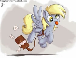 Size: 720x553 | Tagged: safe, artist:bugplayer, derpy hooves, pegasus, pony, female, mailbag, mare, solo, tongue out