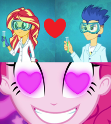 Size: 960x1078 | Tagged: safe, edit, edited screencap, screencap, flash sentry, pinkie pie, sunset shimmer, acadeca, coinky-dink world, eqg summertime shorts, equestria girls, friendship games, female, flashimmer, goggles, heart, heart eyes, male, meme, pinkie the shipper, pinkie's eyes, shipping, shipping domino, straight, wingding eyes