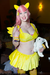 Size: 1365x2048 | Tagged: safe, artist:rae-gunn, fluttershy, human, 2014, animeland wasabi, belly button, bellyring, clothes, convention, cosplay, irl, irl human, midriff, photo, plushie, skirt, solo