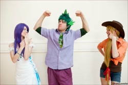 Size: 2796x1873 | Tagged: safe, applejack, rarity, spike, human, cosplay, irl, irl human, photo