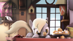 Size: 3840x2159 | Tagged: safe, artist:kimi229, derpy hooves, bird, pegasus, pony, 3d, balancing, cross-eyed, cute, derpabetes, eyes on the prize, female, mare, medic, muffin, ponies balancing stuff on their nose, solo, source filmmaker, underp