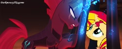 Size: 1022x414 | Tagged: safe, artist:darkmousyxkagome, edit, edited screencap, screencap, sunset shimmer, tempest shadow, my little pony: the movie, alternate universe, cage, open up your eyes