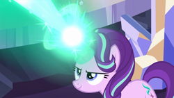 Size: 1366x768 | Tagged: safe, screencap, starlight glimmer, pony, unicorn, uncommon bond, >:), determined, evil grin, laser, magic, magic blast, smiling, smirk