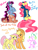 Size: 1600x2100 | Tagged: safe, artist:calicopikachu, applejack, bow tie (g1), fluttershy, spike, oc, oc:jack-of-the-trade, oc:whatnot, dragon, earth pony, pegasus, pony, g1, appleshy, bow, corset piercing, female, lesbian, piercing, shipping