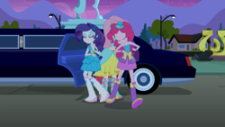 Size: 1366x768 | Tagged: safe, screencap, fluttershy, pinkie pie, rarity, equestria girls, equestria girls (movie), balloon, boots, bracelet, eyes closed, fall formal outfits, fence, hat, high heel boots, horse statue, house, jewelry, limousine, mountain, raised leg, statue, streetlight, top hat, tree