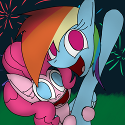 Size: 1024x1024 | Tagged: safe, artist:mr. rottson, derpibooru import, pinkie pie, rainbow dash, earth pony, pegasus, pony, female, fireworks, grass, happy new year, lesbian, new year, night, pinkiedash, shipping