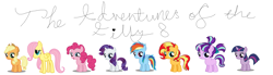 Size: 7504x2064 | Tagged: safe, applejack, fluttershy, pinkie pie, rainbow dash, rarity, starlight glimmer, sunset shimmer, twilight sparkle, earth pony, pegasus, pony, unicorn, blank flank, female, filly, filly applejack, filly fluttershy, filly pinkie pie, filly rainbow dash, filly rarity, filly starlight glimmer, filly sunset shimmer, mane eight, mane six, simple background, the adventures of the filly 8, white background, younger