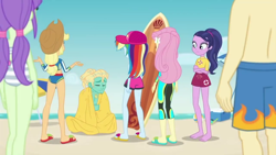 Size: 1280x720 | Tagged: safe, derpibooru import, screencap, applejack, baewatch, fluttershy, rainbow dash, starlight, valhallen, zephyr breeze, better together, blue crushed, equestria girls, barefoot, clothes, feet, gladys, surfboard, swimsuit, zephyr's necklace