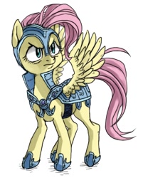 Size: 450x540 | Tagged: dead source, safe, artist:bikkisu, fluttershy, pegasus, pony, armor, female, frown, helmet, simple background, solo, spread wings, white background, wings