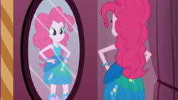 Size: 1366x768 | Tagged: safe, screencap, pinkie pie, equestria girls, balloon, boots, bracelet, clothes, dress, fall formal outfits, high heel boots, jewelry, mirror, solo, this is our big night