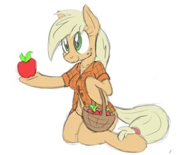 Size: 700x610 | Tagged: safe, artist:tg-0, applejack, anthro, unguligrade anthro, apple, basket, bottomless, breasts, clothes, female, kneeling, solo