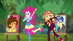 Size: 1920x1080 | Tagged: safe, edit, cheese sandwich, flash sentry, pinkie pie, sunset shimmer, better together, equestria girls, sunset's backstage pass!, cheesepie, female, flashimmer, geode of empathy, geode of sugar bombs, magical geodes, male, music festival outfit, shipping, shoes, sneakers, straight