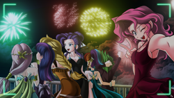 Size: 1920x1080 | Tagged: safe, artist:mauroz, derpibooru import, applejack, fluttershy, pinkie pie, rainbow dash, rarity, spike, twilight sparkle, human, armpits, camera, camera shot, clothes, dress, female, fireworks, humanized, mane seven, mane six, new year, open mouth, peace sign, selfie, wallpaper, wink