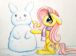 Size: 1446x1068 | Tagged: safe, artist:prettypinkpony, fluttershy, pegasus, pony, clothes, scarf, snow, solo