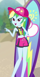 Size: 327x631 | Tagged: safe, derpibooru import, screencap, rainbow dash, better together, blue crushed, equestria girls, board shorts, cap, clothes, cropped, female, geode of super speed, hat, magical geodes, shorts, solo, surfboard, swimsuit