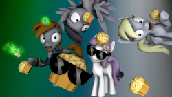Size: 1920x1080 | Tagged: safe, artist:majorrainbow, applejack, derpy hooves, sweetie belle, oc, oc:littlepip, earth pony, pegasus, pony, unicorn, fallout equestria, 3d, 3k, cgi, clothes, cutie mark, fanfic, fanfic art, female, glowing horn, gradient background, gun, handgun, hd, hooves, horn, levitation, little macintosh, magic, mare, muffin, open mouth, optical sight, pipbuck, revolver, smiling, source filmmaker, spread wings, sunglasses, teeth, telekinesis, vault suit, weapon, wings