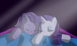 Size: 1024x619 | Tagged: safe, rarity, oc, oc:kydose, pegasus, pony, unicorn, bed, canon x oc, love, raridose, shipping, sleeping, snuggling