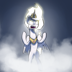 Size: 500x500 | Tagged: safe, artist:anticular, derpibooru import, princess celestia, alicorn, pony, ask sunshine and moonbeams, bipedal, female, glowing eyes, mare, solo, super saiyan princess