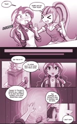 Size: 906x1463 | Tagged: safe, artist:lumineko, sonata dusk, sunset shimmer, comic:homesick, equestria girls, blushing, comic, dialogue, doujin, explicit source, eyes closed, female, food, implied twilight sparkle, looking at each other, portal, smiling, taco, that girl sure loves tacos, that siren sure does love tacos