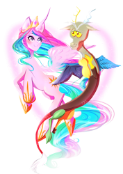 Size: 2480x3507 | Tagged: safe, artist:minamikoboyasy, discord, princess celestia, alicorn, pony, dislestia, female, male, pinklestia, shipping, straight