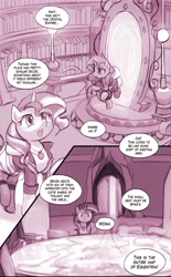 Size: 906x1463 | Tagged: safe, artist:lumineko, sunset shimmer, pony, unicorn, comic:homesick, equestria girls, book, castle, clothes, comic, dialogue, doujin, explicit source, female, library, mare, open mouth, portal, solo, twilight's castle