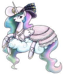 Size: 1100x1280 | Tagged: safe, artist:king-kakapo, princess celestia, alicorn, pony, clothes, cloud, dress, feather, female, frilly dress, hat, mare, necklace, open mouth, shoes, simple background, smiling, socks, solo, transparent background