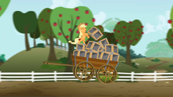 Size: 1280x720 | Tagged: safe, applejack, earth pony, pony, eyes closed, fence, rearing, solo, sweet apple acres, wagon