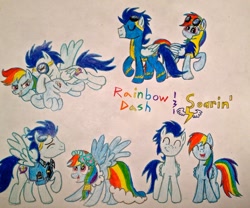 Size: 1280x1065 | Tagged: safe, artist:bravokrofski, derpibooru import, rainbow dash, soarin', pegasus, pony, backwards cutie mark, female, male, shipping, soarindash, straight, traditional art