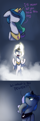 Size: 1200x3600 | Tagged: safe, artist:anticular, derpibooru import, princess celestia, princess luna, alicorn, pony, angry, april fools, ask sunshine and moonbeams, bipedal, dragon ball z, floppy ears, parody, super saiyan, super saiyan princess