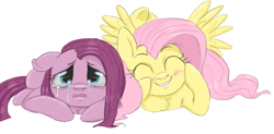 Size: 1043x512 | Tagged: safe, artist:colorlesscupcake, fluttershy, pinkie pie, earth pony, pegasus, pony, female, mare, pinkamena diane pie