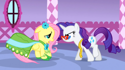 Size: 1050x590 | Tagged: safe, screencap, fluttershy, rarity, pegasus, pony, unicorn, suited for success, female, horn, mare